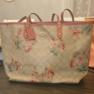 Coach Beige and Pink Floral Tote 13x11x6